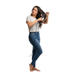 Woman using hot air brush for hair styling routine at home for beautiful hair and perfect hairstyle on transparent background