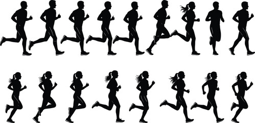 Running silhouettes, athletic motion, human stride, sports training, fitness concept, dynamic movement, male female runners, black outline, isolated figures, biomechanics study