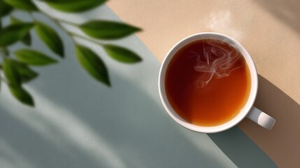 Cup of tea sits on a table with a leafy green plant in the background. The steam from the tea rises and fills the space around the cup. Concept of relaxation and comfort, as the warm beverage