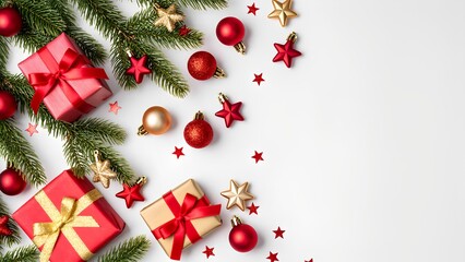 Christmas gifts and decorations with red and gold ornaments on white background with copy space