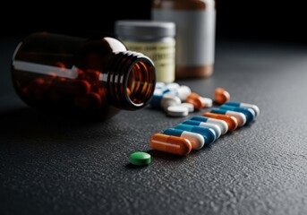 A dark amber glass bottle tipped over with many red and orange capsules spilling out onto a dark surface