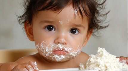 Cute baby boy enjoying sour cream in high chair with playful expression and messy face during mealtime at home