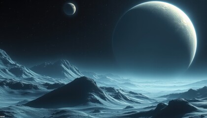 Alien planet landscape with giant moon and distant planet in dark cosmic sky