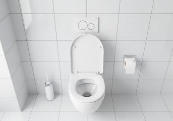 A modern white toilet with the lid up, a toilet brush, and a roll of toilet paper on a tiled wall