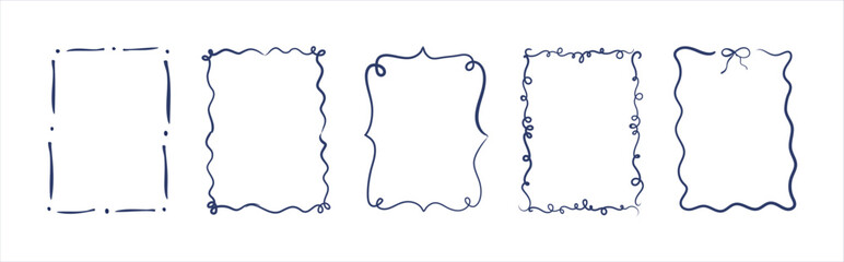 Set of whimsical hand-drawn frames with wavy and curly ribbons in trendy vintage style for birthday, Christmas, wedding invitations and cards.  doodle bows and ribbons, coquette bow details