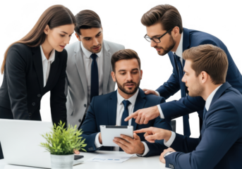Business team collaborating on a tablet isolated on transparent background