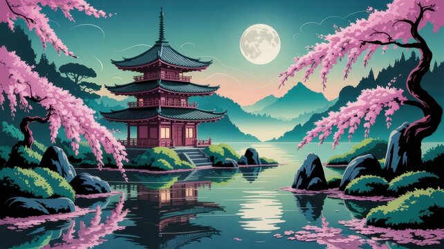 A serene japanese pagoda stands gracefully by a tranquil lake under the soft glow of a full moon, surrounded by blossoming cherry trees, reflecting peace