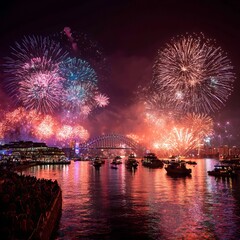 Fototapeta premium Spectacular Fireworks Over Harbour: A mesmerizing display of vibrant fireworks explodes over a sparkling harbour.