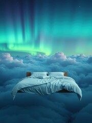 Cozy bed floating amongst clouds under a mesmerizing aurora borealis sky