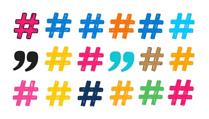 A collection of colorful, hand-drawn hashtag and quotation mark symbols.