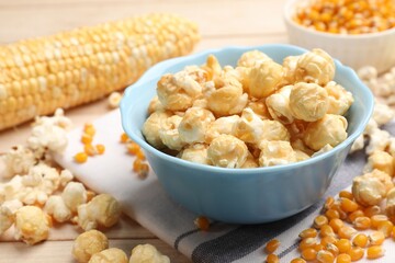 Tasty popcorn and corn kernels on light wooden table, closeup