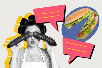 Composite 3d image art pop trend collage of happy housemaid girl hold cucumber cheeseburger bite junk food nutrition order