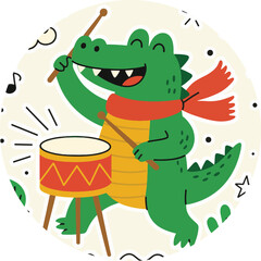 Happy Crocodile Hatchling Playing Drums Music vector