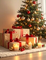 Professional Christmas photography, warm and golden lighting, elegant Christmas decorations (tree with minimalist ornaments, candles, kraft paper wrapped gifts with red ribbons)