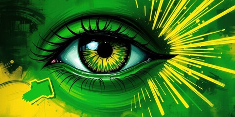 Vibrant green eye with golden rays of light emanating outward symbolizing vision and insight