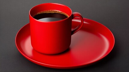Red coffee cup sits on a red plate. The cup is filled with dark coffee, and the plate is placed on a black surface. Concept of warmth and comfort, as the coffee cup and plate are both red