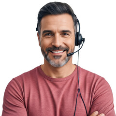 Friendly mature man with headset smiling confidently ready for customer support