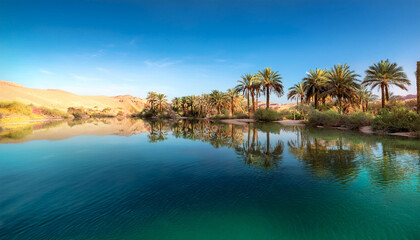 Serene Oasis With Palm Trees And Clear Reflections