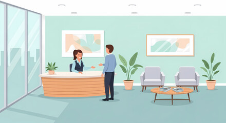 Professional Receptionist Interacting with a Client in a Modern Office Waiting Area