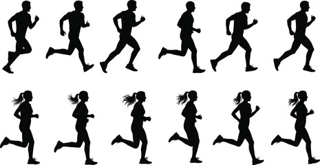 Running silhouettes, male and female, athletic motion, biomechanics, stride phases, human locomotion, sports training, animation reference, fitness, dynamic movement