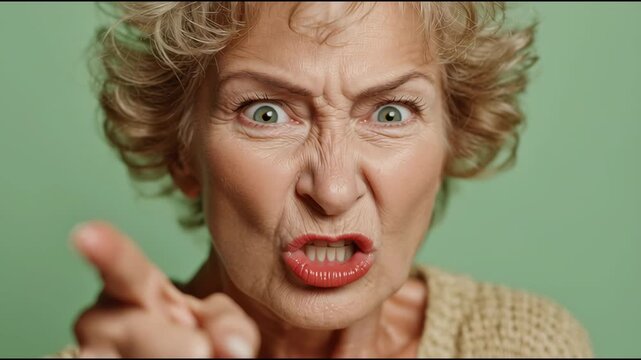 Close-up of elderly woman with curly hair and red lipstick pointing finger angrily against green background, showcasing intense facial expressions and emotions in a well-lit indoor setting