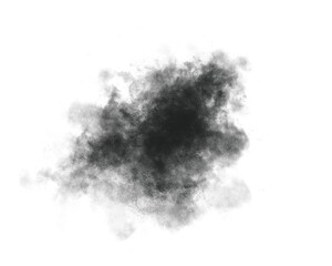 Abstract black smoke cloud texture isolated on white background. Realistic smoky fog effect perfect for overlays, digital art, and graphic design projects. Grunge ink mist illustration.