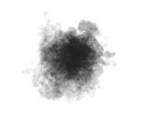 Abstract black smoke cloud texture isolated on white background. Realistic smoky fog effect perfect for overlays, digital art, and graphic design projects. Grunge ink mist illustration.