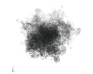 Abstract black smoke cloud texture isolated on white background. Realistic smoky fog effect perfect for overlays, digital art, and graphic design projects. Grunge ink mist illustration.