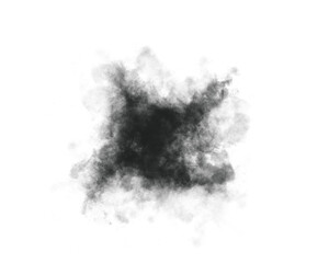 Abstract black smoke cloud texture isolated on white background. Realistic smoky fog effect perfect for overlays, digital art, and graphic design projects. Grunge ink mist illustration.