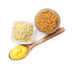 Different types of mustard isolated on white, top view