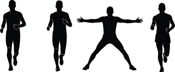 Silhouette, running, athlete, motion, dynamic, pose, fitness, exercise, human, movement, action, sports, training, sprint, black, white, background, body, energy, performance