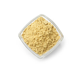 Dry powdered mustard in bowl isolated on white, top view