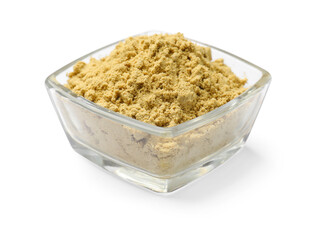 Dry powdered mustard in bowl isolated on white