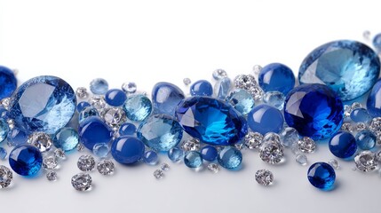 Collection of blue and white gems are spread out on a white background. The blue gems are scattered throughout the image, with some larger and some smaller