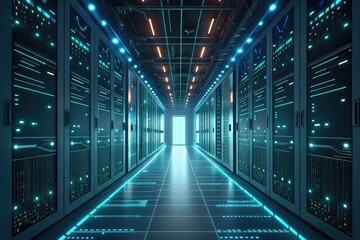 Obraz premium Futuristic Data Center Corridor With Glowing Server Racks and Blue Lights