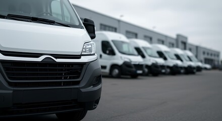 Row of White Delivery Vans in Warehouse Parking Lot – Perfect for Urban Logistics and Business Transportation