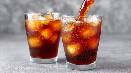 Two glasses of iced coffee with ice cubes in them. One glass is almost empty. The other glass is almost full