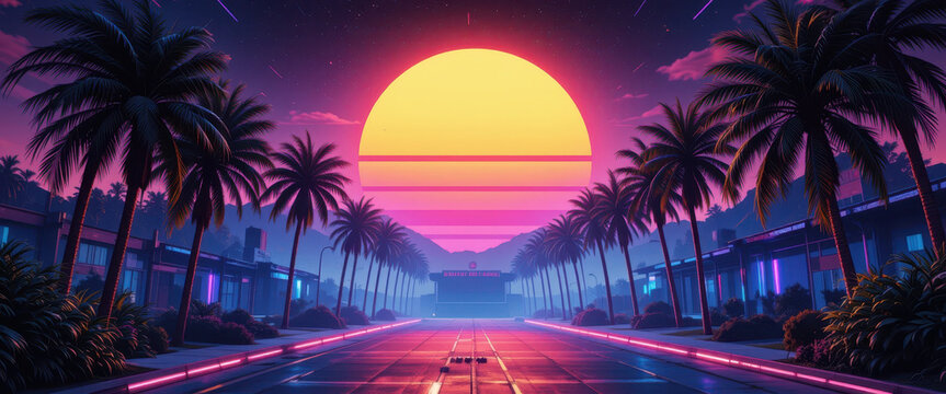 Sunset drive neon city digital art urban landscape wide angle retro futurism vibes
