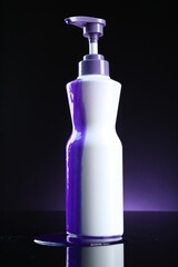 Bottle of hair care cosmetic products for blonde hair on black mirror surface against dark purple background