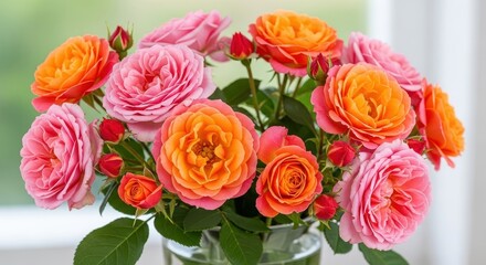 Vibrant Garden Roses Bursting with Color and Life in a Clear Vase