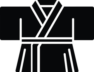 Black and white martial arts gi silhouette with belt, long sleeves, V‑neck collar, traditional uniform design vector illustration for training