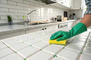 Cleaning a Kitchen Countertop With Green Gloves and a Sponge in Bright Light
