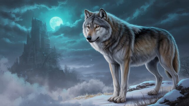 Majestic wolf standing guard against a backdrop of a moonlit castle, evoking a sense of mystery and strength in the serene night landscape