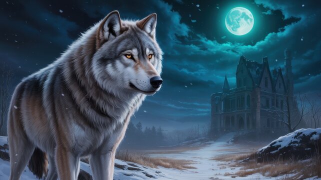 A majestic wolf stands guard under the eerie glow of the full moon, with a haunted castle looming in the background amidst a snowy landscape