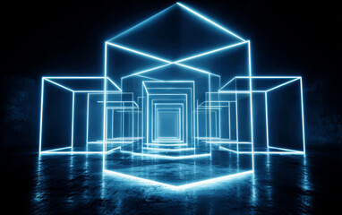 Obraz premium Neon-lit geometric cubes forming a futuristic tunnel structure