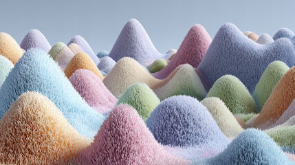 Surreal pastel mountains made of abstract textured shapes and soft organic forms resembling fantasy landscapes with unique sculptural details