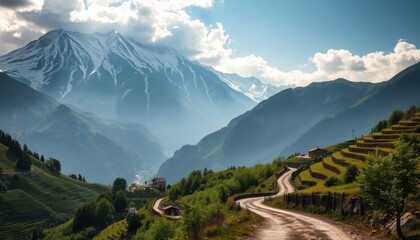 Majestic snow capped mountain peaks towering over lush green terraced hillsides and winding dirt road