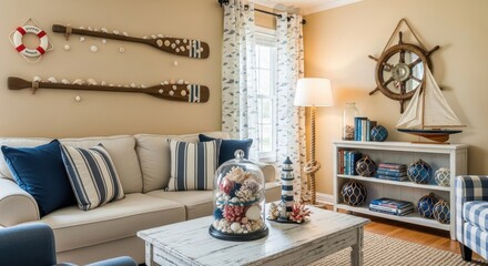 Obraz premium Cozy Living Room Decor with Nautical Theme Featuring Shells and Ship Wheel Accents