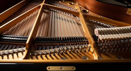Close-up view of the intricate inner workings of a grand piano.