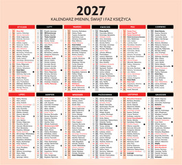 Kalendarz imienin 2027, świąt i faz księżyca na rok 2027. Po polsku. Kalendarz kominiarza. Kalendarz strażacki.